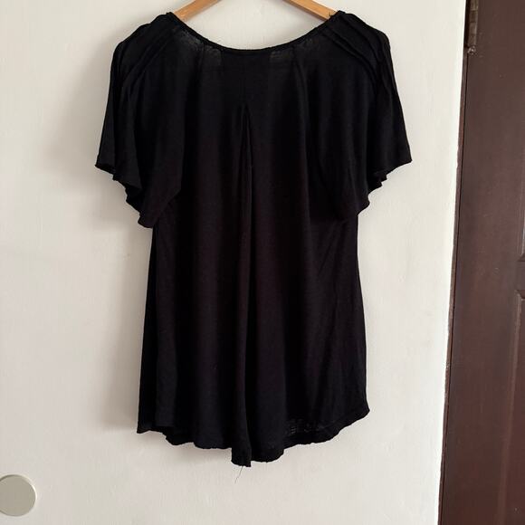 FREE PEOPLE | Black Linen Blend Swing T-shirt V Neck Pintuck Shoulders | Small - Picture 4 of 8